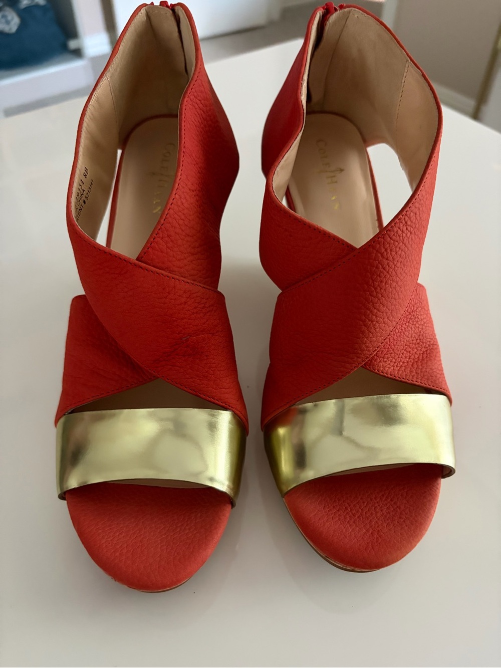 Cole Haan Nike Air Orange Leather Open-Toe Heels with Gold Accent